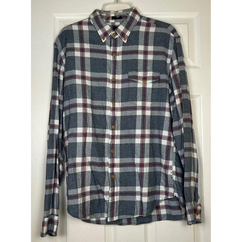 J Crew Slim Fit Plaid Flannel Button Down Men's Large Cotton Gray Red‎ White